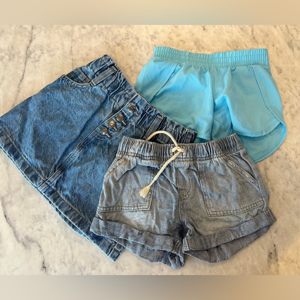 Denim shorts and skirt & blue workout shorts, Cat and Jack, Size XS (4/5)